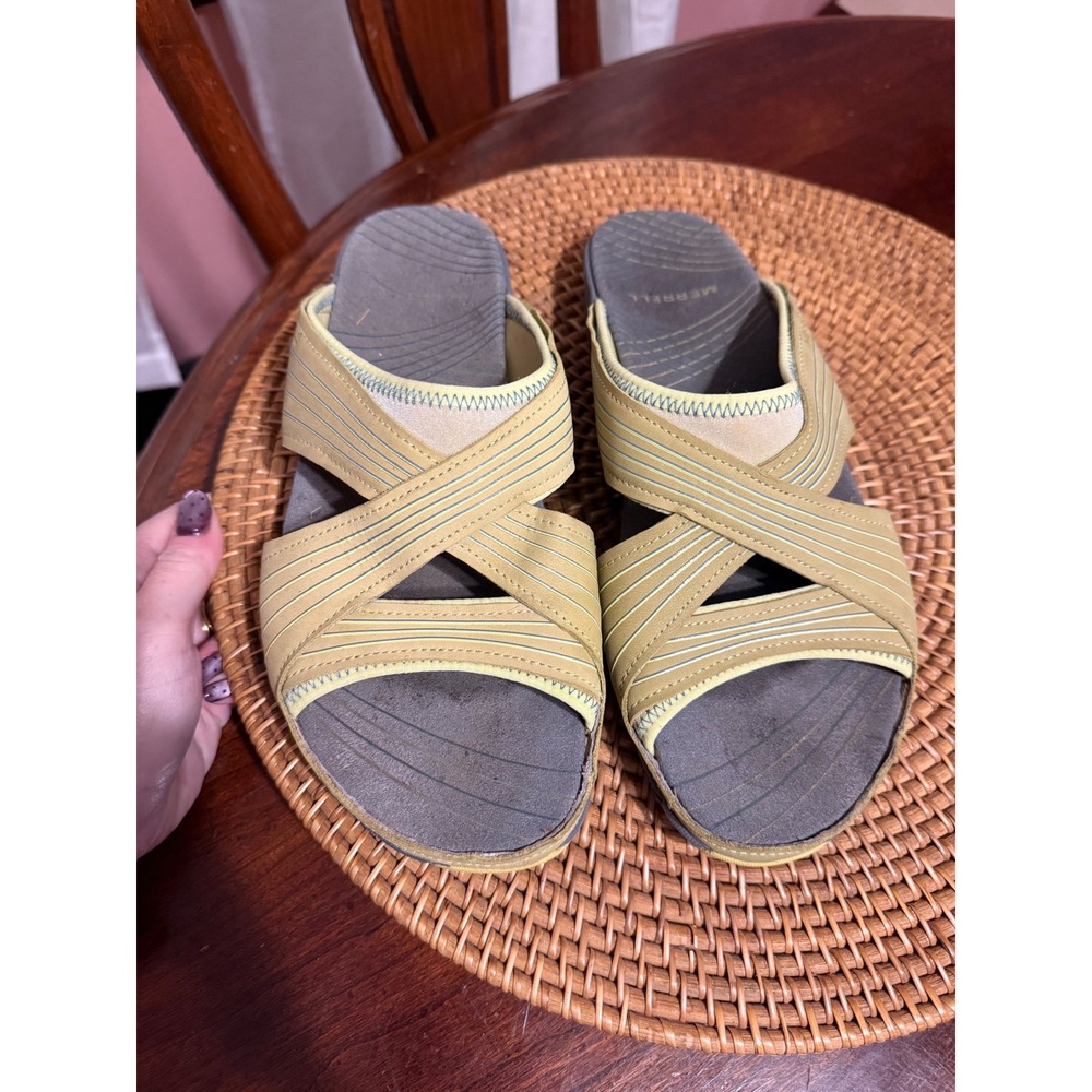 Merrell Heather Citrus Slide Sandals Yellow Grey Criss Cross J36660 Womens 9